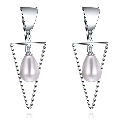 Pearl Earrings for Women 925 Sterling Silver Pearl Triangle Jewelry Gifts for Mom Mother Friends (Pearl Triangle) by YAFEINI - Used condition - US$22.33