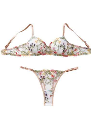 Image of Sexy Floral Embroidered Flower Mesh Underwire Push Up Lingerie Set