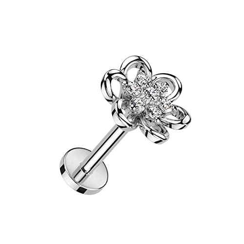 Pierced Owl 16GA 316L Stainless Steel Hollow Flower with CZ Crystal Center Internally Threaded Stud, Metal, cubic zirconia