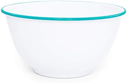 Crow Canyon Home Enamelware Salad Bowl, 5 quart, Vintage White/Turquoise
