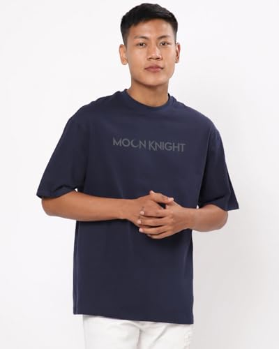 Image of Bewakoof Men's Moon Knight 100% Cotton T-Shirt - Oversized Fit, Round Neck, Half Sleeves