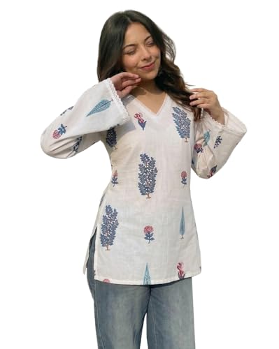 Image of ANNI Designer Women's Viscose Blend Printed Short Kurti | Ethnic Printed Tunic Top | V Neck Lace Detail | Full Sleeve Hip Length Kurta Top for Women