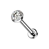 Dynamique Implant Grade Titanium Threadless Push in Labret, Flat Back Studs with CZ Bezel Set Ball T