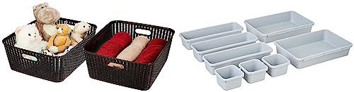 Image of Amazon Brand - Solimo Storage Basket, Set of 2, Large, Brown, Plastic & Amazon Brand - Solimo Kitchen Drawer Organiser, Set of 8, Grey
