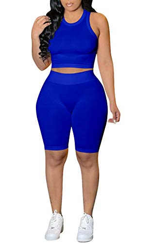VNVNE Women's Active Tracksuits Summer 2 Piece Ribbed Crop Tank and High Waist Shorts Yoga Outfits Sports Sets (Blue, s)