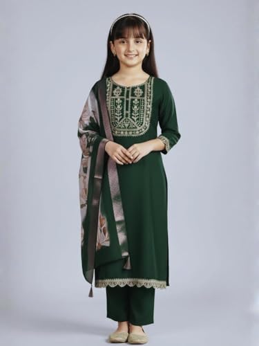 Image of Girls Ethnic Embroidered Silk Kurta Pant and Jacquard Dupatta Set | Kids Salwar Suit | three piece Traditional Outfit