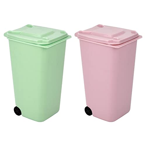 Mugtel Mini Trash Can with Lid Swing Top Small Trash Can Pen Holder for Car Bedroom Office Desktop 22 Fl Oz (2 Pcs Pink and Green)