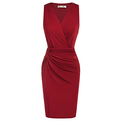 Womens V-Neck Dress Sleeveless Knee Length Bodycon Dress Office Hips-Wrapped Pencil Dress