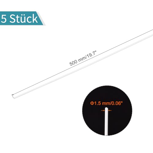 QUARKZMAN 5 Stück ABS Kunststoffstäbe, Durchmesser 1.5mm Länge 500mm Kunststoffstab Rund für Mechanischer Einsatz, Schulprojekt, Werkstattanwendung, DIY-Reparatur