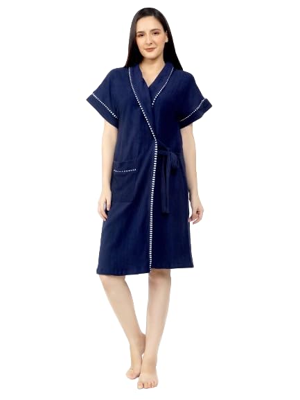 SAND DUNE Women Bathrobe | Terry Cotton Shower Gown | Short Sleeve Knee Length Ladies Bath Robes | Pocket with Waist belt Girls Bathrobes (Medium, Navy Blue)