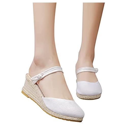 Aniywn Womens Closed Toe Espadrilles Wedge Shoes Platform Heel Ankle Strap Dress Sandals Round Toe Slip On Mules Wedge Shoe White