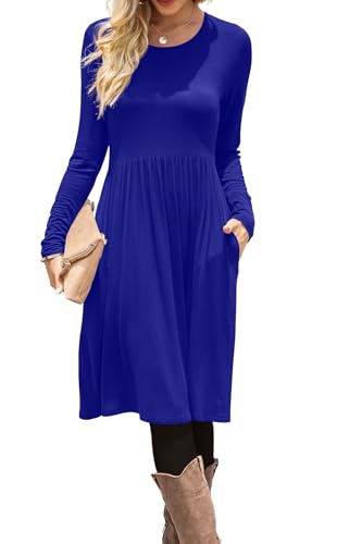 Image of DB MOON Women Casual Long Sleeve Dresses Empire Waist Knee Length Loose Dress with Pockets