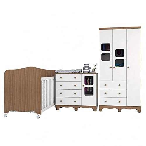 Quarto de Bebê com Guarda Roupa 3 Portas, Berço Americano e Cômoda Móveis Peroba Branco/carvalho