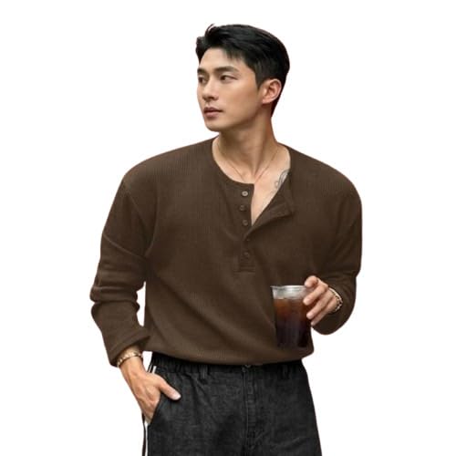 Image of Men's Textured Fabric Solid Color Basic Half-Open Collar T-Shirt, Fall Long Sleeve Men Shirt | Tshirt for Men