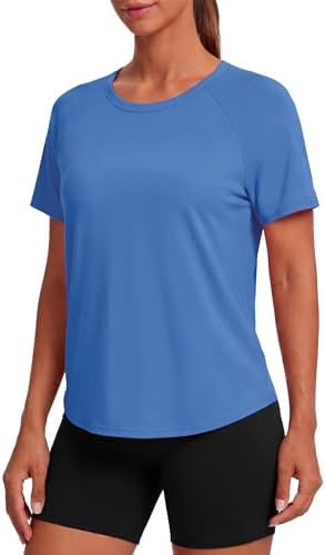 Quenteen Women Cropped Workout Tops Cute Open Back Short Gym Shirts Crewneck Top Summer Exercise Yoga Runing Athletic Tee Blue Large - 1