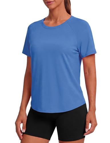 Quenteen Women Cropped Workout Tops Cute Open Back Short Gym Shirts Crewneck Top Summer Exercise Yoga Runing Athletic Tee Blue Large