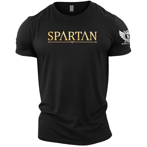 Image of GYMTIER Spartan Forged - Spartan Gold - Men's Gym T-Shirt Bodybuilding Training Workout Lifting Top Clothing, Black, L