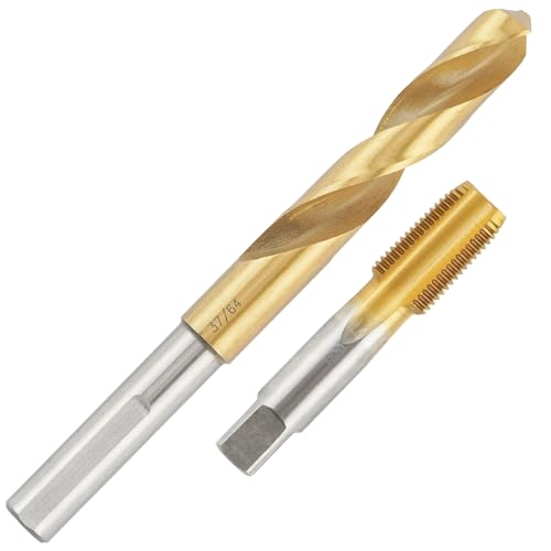 Aceteel 3-8-18 NPT Tap and 37-64 Drill Bit Set, Ti-Coated M2 HSS 3-8 NPT Pipe Tap and 14.68mm Straight Handle Drill Kit
