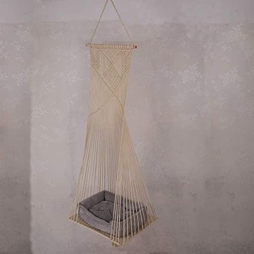 Doralus Cat Bed Cat Hammock Macrame Cat Swing Bed Cat Cage Cotton Rope Hanging Cat House Cats Toy Tassel Basket Tapestry (Beige, Swing Bed+Cushion) #TOP4
