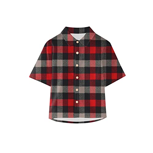 Camisa xadrez de verão para bebês meninos e meninas manga curta gola lepel abotoada nas costas letra