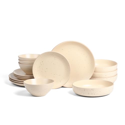 Image of Stone Lain Lauren Modern Stoneware 32-piece Round Dinnerware Set, Plates and Bowls Set, Dish set for 8, Beige