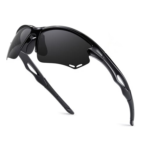 Bircenpro Sport Polarised Sunglasses for Men: TR90 Wrap Around Cycling Glasses UV Protection Lightwight for Driving Golf Black Lens