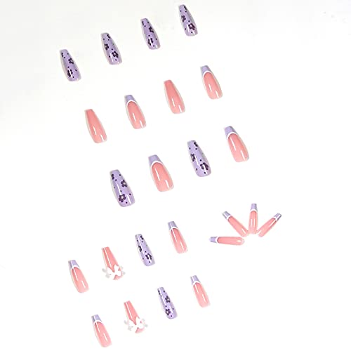 Vaveah 24 Pcs Press on Nails Coffin for Women, Extra Long Fake Nails Glue on Nails, False Nails with Glue (Pink Mixed Purple Flower) - Thumbnail 2