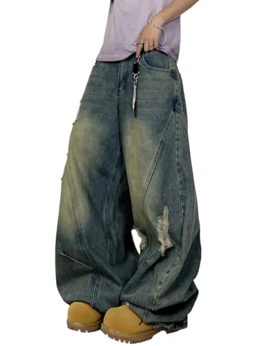 DFGIGT Hip Hop Baggy Jeans for Men Stylish Wide Leg Skater Jeans Loose Fit Denim Pants Streetwear Y2k 2000s Jinco Extra Oversized Skateboard Extreme,I20 Retro Blue,Large