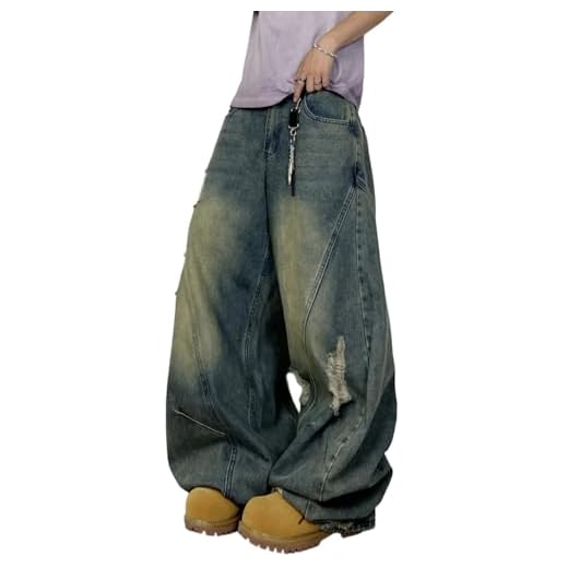 DFGIGT Calça jeans folgada hip hop para homens estilosa, pernas largas, skatista, calça jeans folgada, moda urbana, I20 Retro Azul, XGG