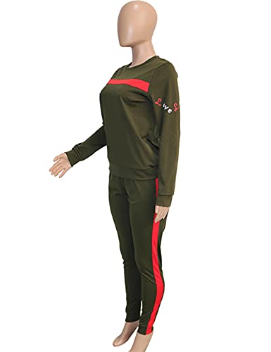 Track Suit for Women Set,Stripe Patchwork Long Sleeve Tops and Long Pants Set for Junior Green XXXL