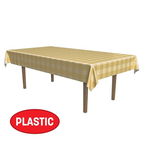 Image of Beistle Beige Cream Plaid Plastic Tablecover 54 x 108 Inch 2 Pack