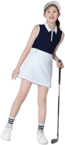 QBK Girls Golf Clothes Sleeveless Polo Shirt UPF50+ with 1/4 Quater Zipper (Navy L)