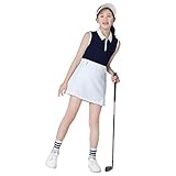 QBK Girls Golf Clothes Sleeveless Polo Shirt UPF50+ with 1/4 Quater Zipper (Navy L)