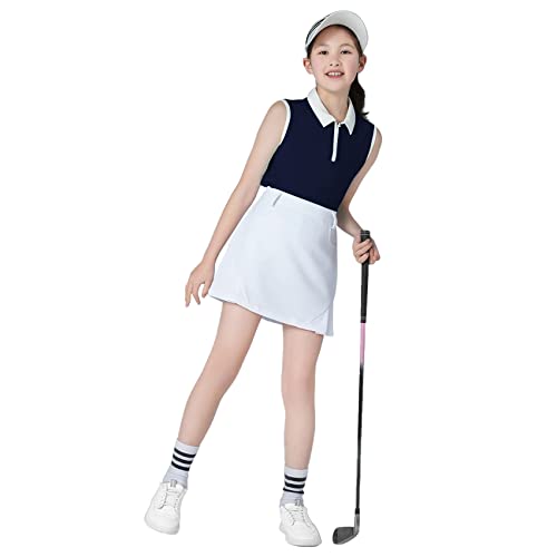 Qbk Girls Golf Clothes Sleeveless Polo Shirt Upf50+ With 1/4 Quater Zipper (Navy L) #TOP25