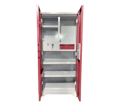 Image of MKFURNITURE Steel Almirah Wardrobe 2 Door with Mirror Cupboard | Wardrobe Storage Rack Closest Organizer for Clothes | 1 Hanging Space and 2 Drawer | Modern Storage Wardrobe (Red)