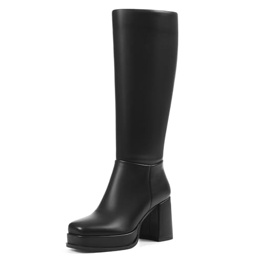 Artrotter Platform Black Knee High Boots for Women Square Toe Tall Boots Vegan Leather Long Fall Boot Block Chunky Heel Side Zipper Elastic Boots