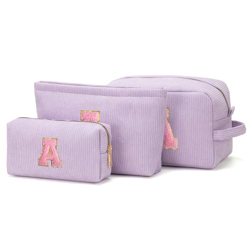 Makeup Bag Cosmetic Bag for Girls with Initial Letter Patch 3 Pieces Corduroy Travel Toiletry Make Up Brush Bag Pounch Organizer Preppy Things Cute Stuff Gifts for Teen Girls (Lavender A) La