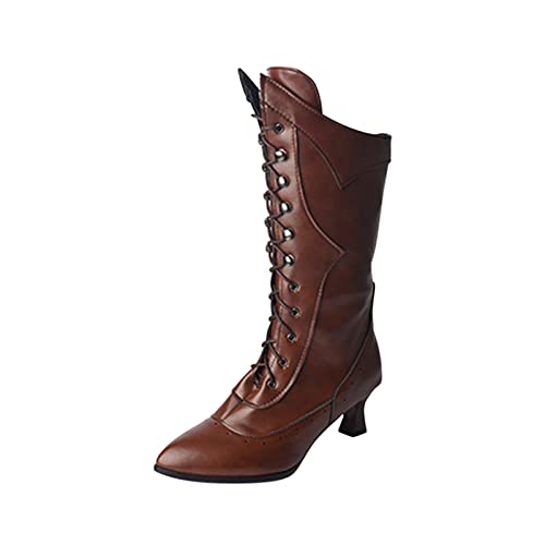 Women's Lace-Up Heel Boot Gothic Vintage Mid Calf Boots Chunky Heel Pointed Toe Western Cowboy Boots Witch Costume Boots (Brown,6) #TOP8