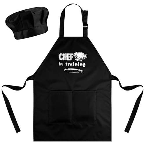 Bouiexye Kids Apron and Chef Hat Set Adjustable Child Aprons with 2 Large Pockets for Girls Boys Cooking Baking Painting Gift (Black)