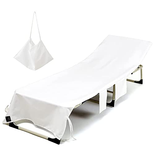 Morbuy Asciugamano per sedia a sdraio, con tasche, tinta unita, per sdraio, spiaggia, in microfibra, leggero, con cappuccio per una migliore tenuta (bianco)