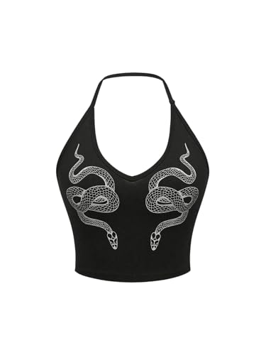 SHENHE Women's Y2k Halter Neck Snake Print Top Sleeveless Fitted Gothic Crop Cami Top Black Medium
