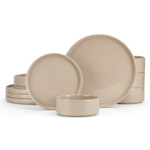 E-far Stoneware Dinnerware Set, 12 pcs, Khaki
