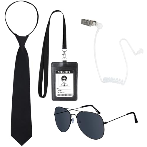 4PCS Secret Agent Accessories Secret Service Costume Set with Adjustable Zipper Ties Sunglasses Fake Earpiece ID Card for Adult Kids Halloween Cosplay