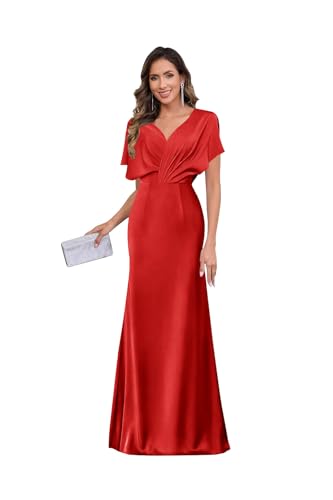 Satin Mother of The Bride Dresses for Women Long V-Neck Cap Sleeve Formal Wedding Guest Dress