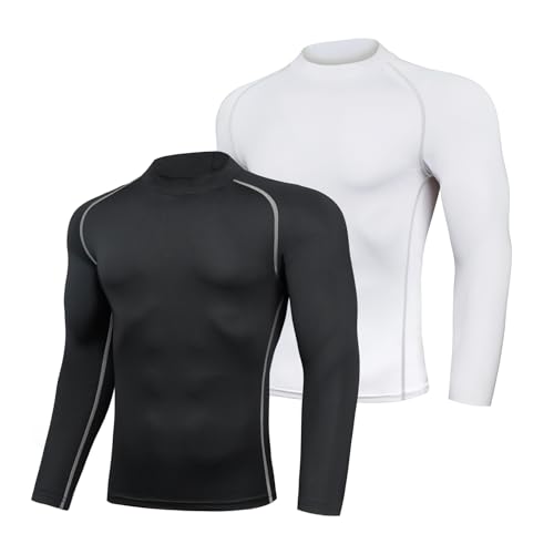 AMZSPORT Maglia Compressione Uomo Confezione da 2 Maglia Termica Manica Lunga Maglietta Palestra Compression Shirt Ciclismo Running Sportiva, Nero Bianco XL