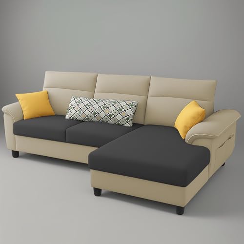 Image of Casaliving Seams RHS 4 Seater L Shape Sofa for Living Room (Cream Black Fabric) Premium Fabric Sofa