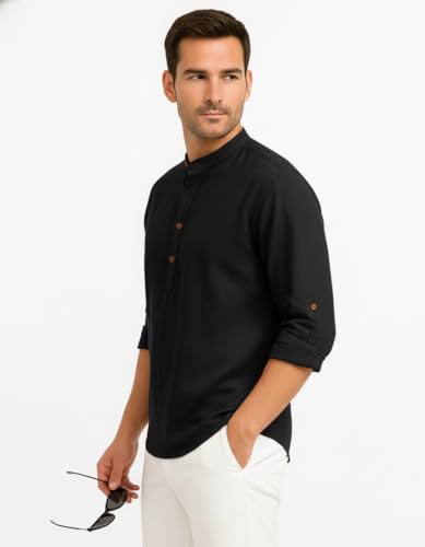 Image of Zombom Men's Cotton Blend Kurta Shirt with Full Sleeves Mandarin Collar Neck Solid Pattern for Men Regular Fit Ethnic Wear Casual Festive Top Modern Style | Cotton Shirt for Mens