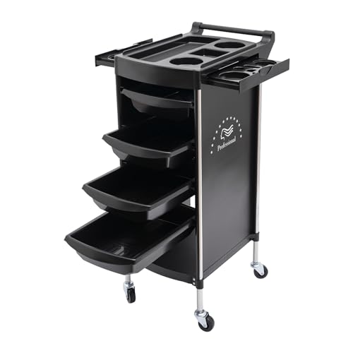 Salon Trolley Cart, 6-Tier Drawer-Type Multi-Functional Salon Trolley, Hairdressing Shelf with Handle and Lockable Rolling Wheels, 4 Drawers and 2 Hair Dryer Holder Side Tray, Black