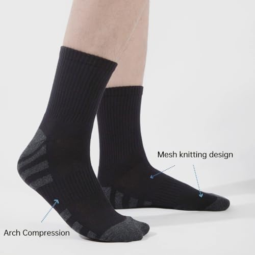 Laysblen Mens Athletic Socks Cotton Moisture Wicking Cushion Crew Sport Work socks Men Women for Hiking Basketball 6 Pairs Black Socks 9.5-11.5 - 3
