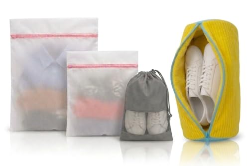 Bolsa para Lavar Zapatillas en Lavadora – Kit 4 en 1 con Protección Chenille 360°, Reduce Ruido y Evita Golpes, 2 Bolsas Malla Ropa Delicada y Funda Viaje, Cremallera YKK con Seguro